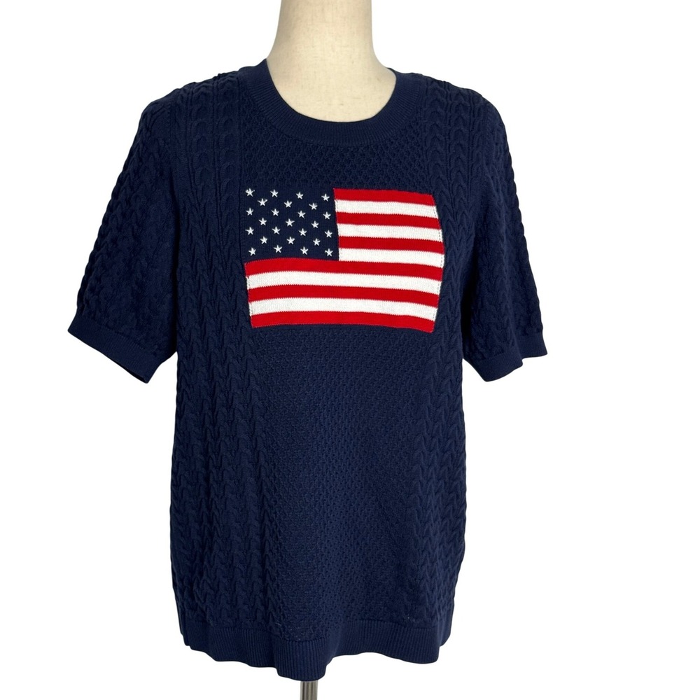 Joan Rivers Womens Navy Blue Cable Knit American Flag Short Sleeve Sweater M